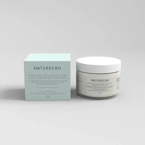 Naturecan Intensely Nourishing CBD Night Cream with Retinol in a jar and matching box.