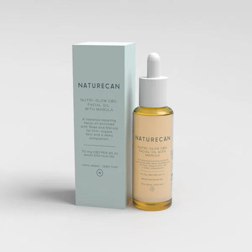 Nutri-glow CBD Facial Oil with Marula bottle and box, featuring a dropper cap and clear label text.