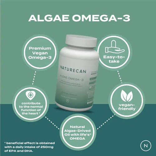 A white bottle labeled "Naturecan Algae Omega-3" is surrounded by icons highlighting its benefits on a green background.