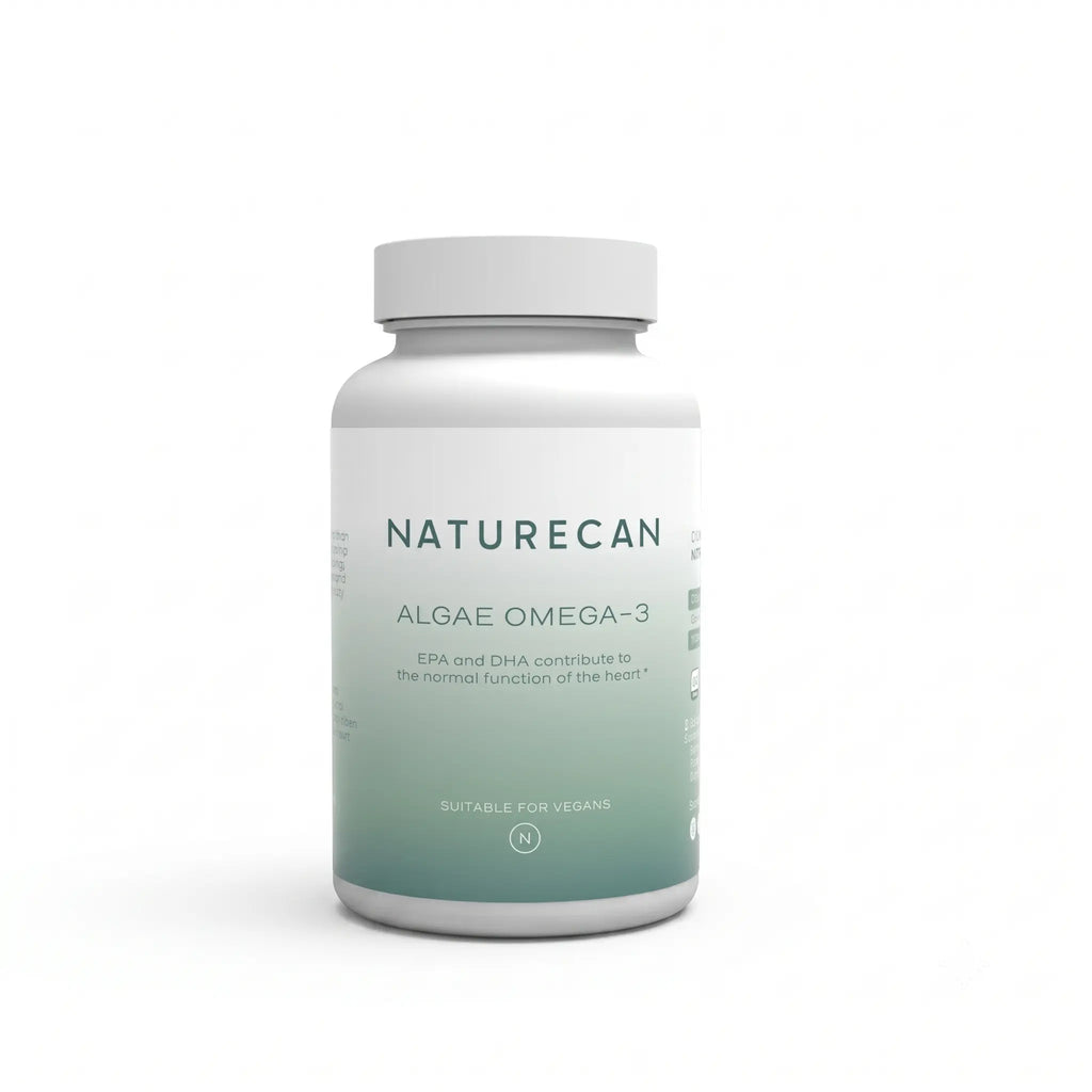 A white bottle labeled "Naturecan Algae Omega-3" suitable for vegans is centered against a plain background.