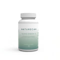 A white bottle labeled "Naturecan Algae Omega-3" suitable for vegans is centered against a plain background.