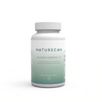 A white bottle labeled "Naturecan Algae Omega-3" suitable for vegans is centered against a plain background.