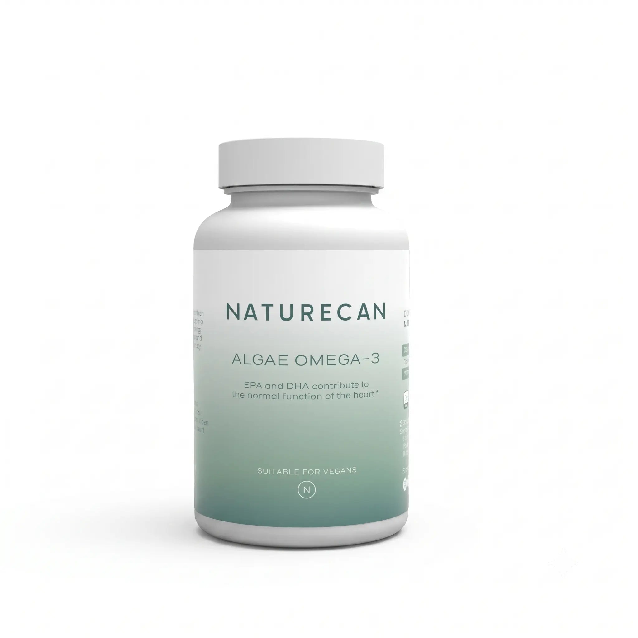 A white bottle labeled "Naturecan Algae Omega-3" suitable for vegans is centered against a plain background.
