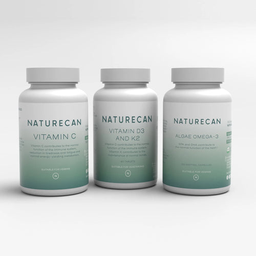 Immunity set with omega-3, vitamin C, and vitamin D3+K2, featuring Naturecan branded bottles.