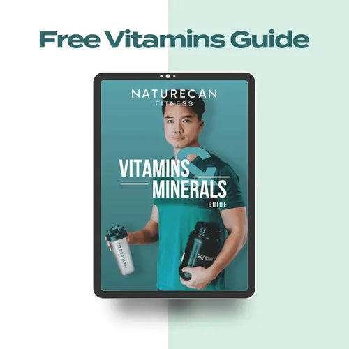 A man holding two bottles is featured on the cover of the FREE Vitamins Guide by Naturecan Fitness.