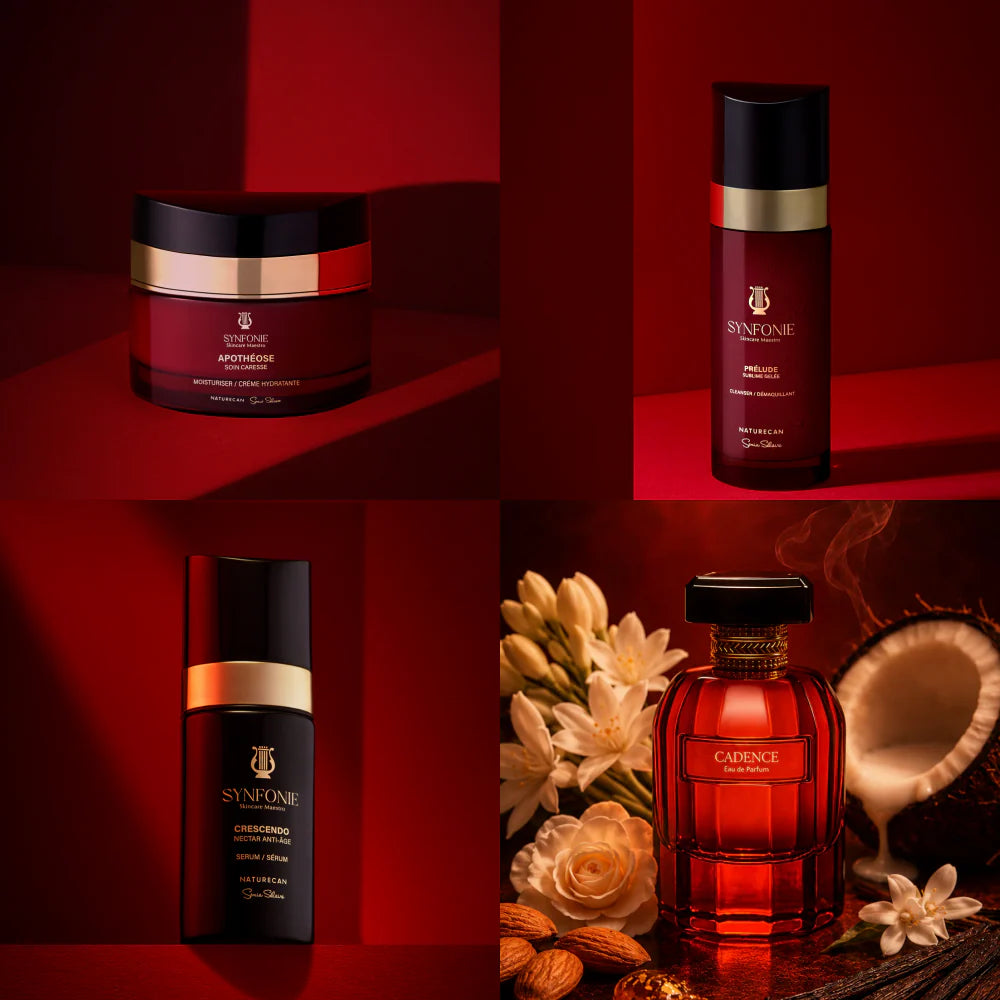 Cosmetic products with 'SYMFONIE' branding on a red background