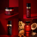 Cosmetic products with 'SYMFONIE' branding on a red background