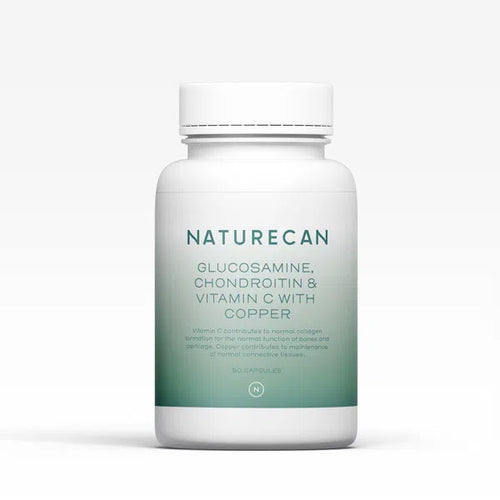 A white bottle labeled "Naturecan Glucosamine, Chondroitin & Vitamin C with Copper" on a green gradient background.