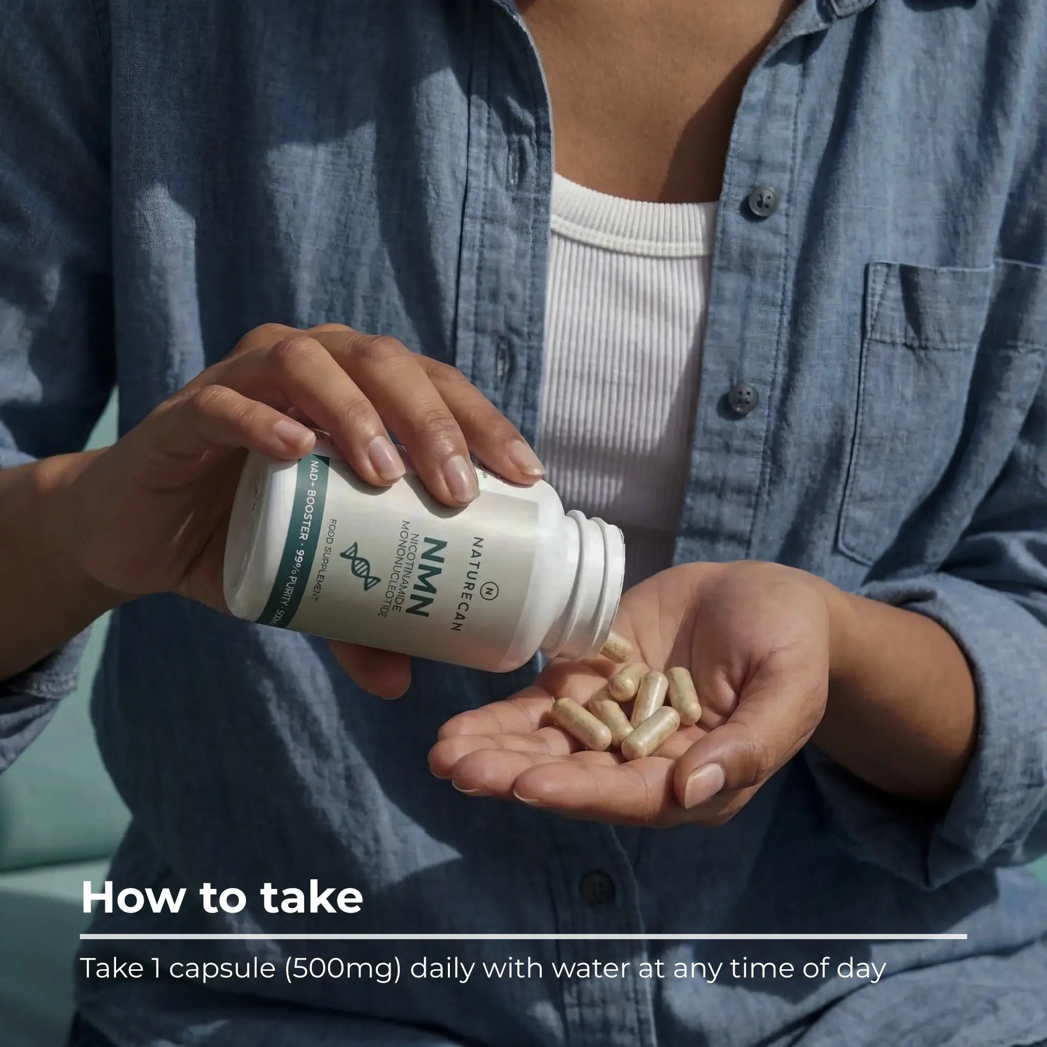 Naturecan NMN Supplements bottle being poured into a person's hand, highlighting 500mg dosage instructions.
