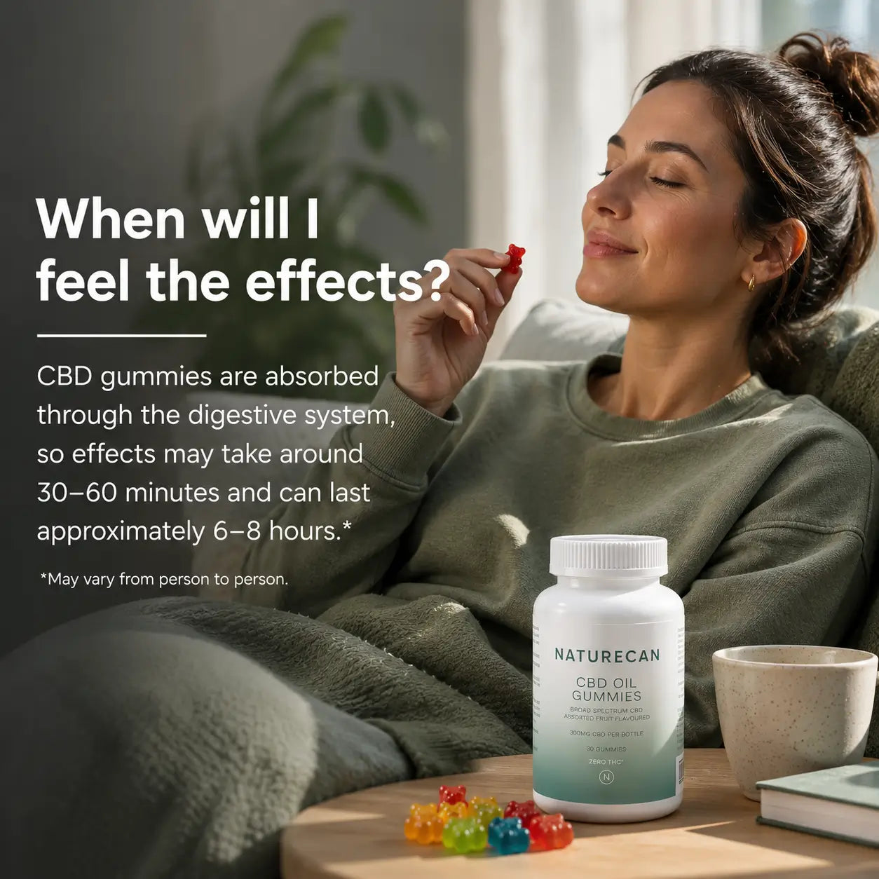 A woman relaxes in a green sweatshirt on a couch while holding a red gummy, with a bottle of Naturecan CBD Oil Gummies on a wooden table beside her and text explaining expected effects.