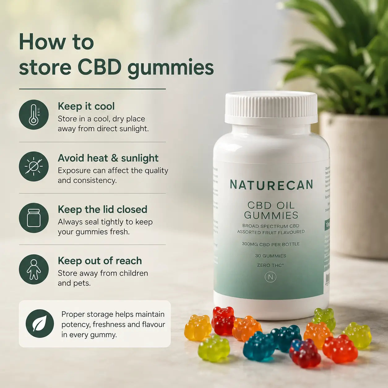 A bottle of Naturecan CBD Oil Gummies displayed with several colorful gummy bears in front, alongside a text panel explaining how to store CBD gummies.