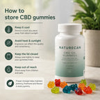 A bottle of Naturecan CBD Oil Gummies displayed with several colorful gummy bears in front, alongside a text panel explaining how to store CBD gummies.