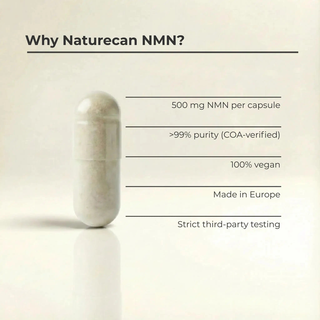Naturecan NMN supplement capsule with text highlighting 500mg dosage, COA-verified purity, and vegan certification.