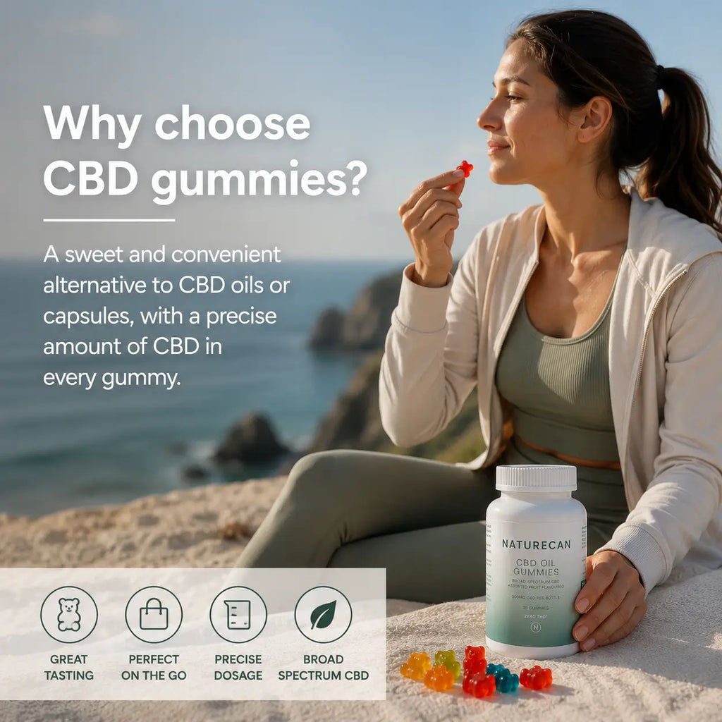 A woman sitting outdoors by the sea holds a red gummy near her mouth, with a bottle labeled NATURECAN CBD OIL GUMMIES and loose gummies on the sand in front of her. Large text reads 'Why choose CBD gummies?' with supporting copy about sweet, convenient dosing and a small feature strip at the bottom.