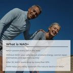 Older couple smiling outdoors with text explaining NAD+ benefits and age-related decline.