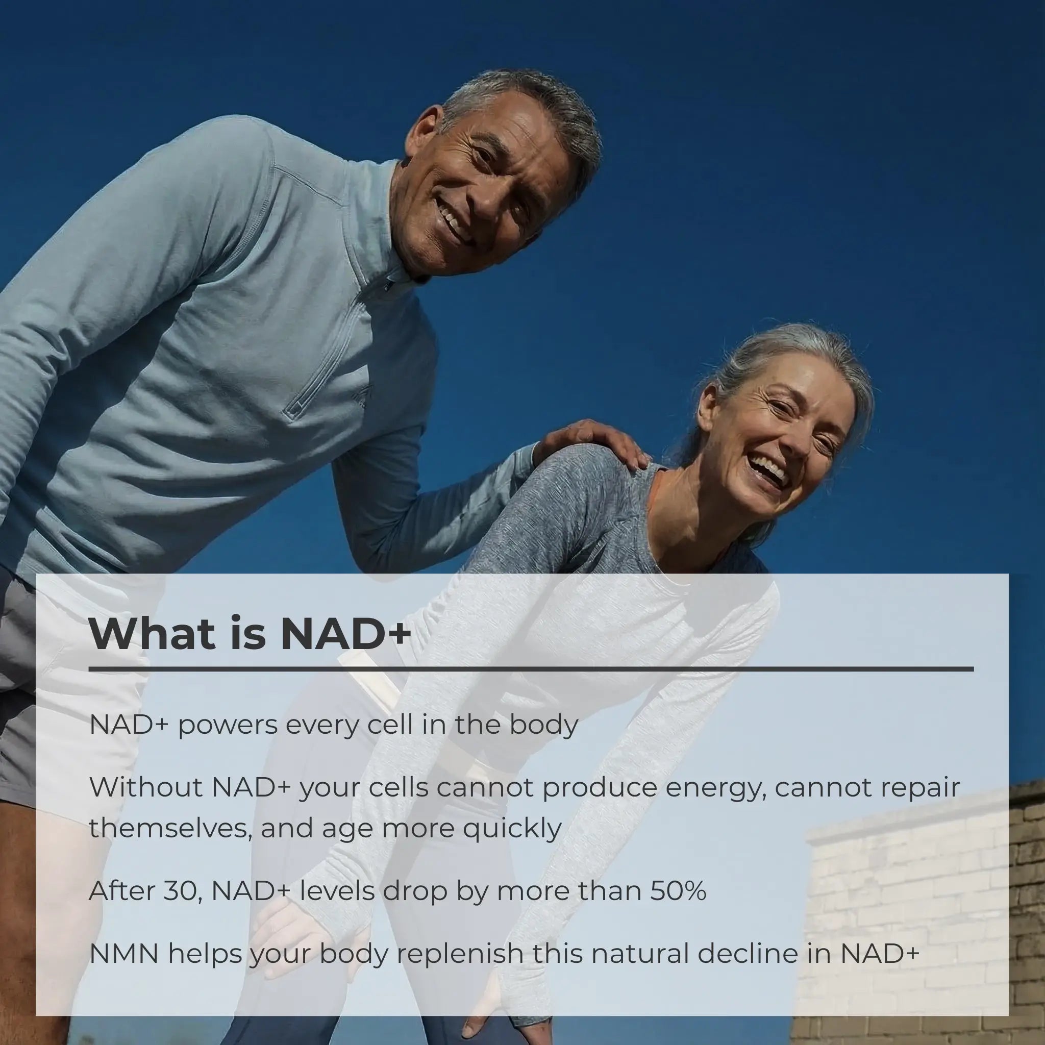 Older couple smiling outdoors with text explaining NAD+ benefits and age-related decline.