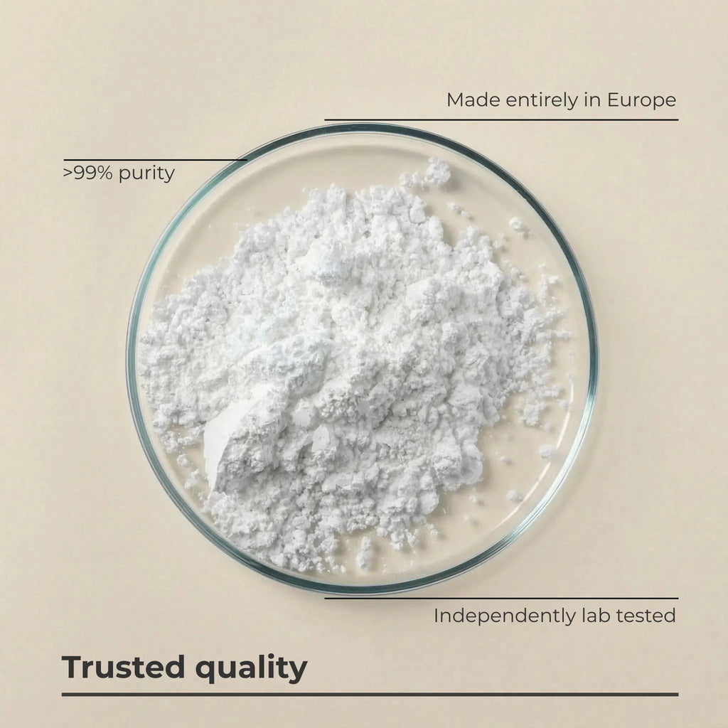 White powder in a glass dish labeled ">99% purity," "Made entirely in Europe," and "Independently lab tested."