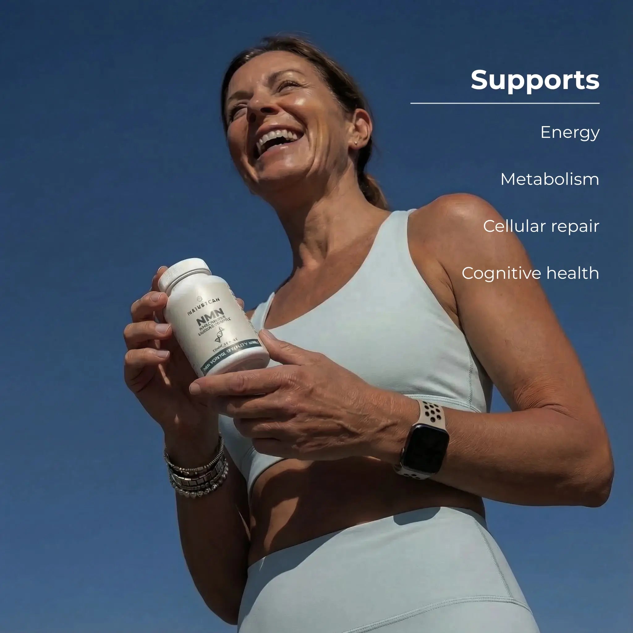 Smiling woman in workout attire holding a Naturecan NMN Supplements bottle with text about energy and health benefits.