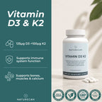 Naturecan Vitamin D3 & K2 supplement bottle shown on a light surface with loose tablets beside it, alongside a dark teal informational panel with icons and text about dosage, immune support, and bone support. Certification badges appear along the bottom.