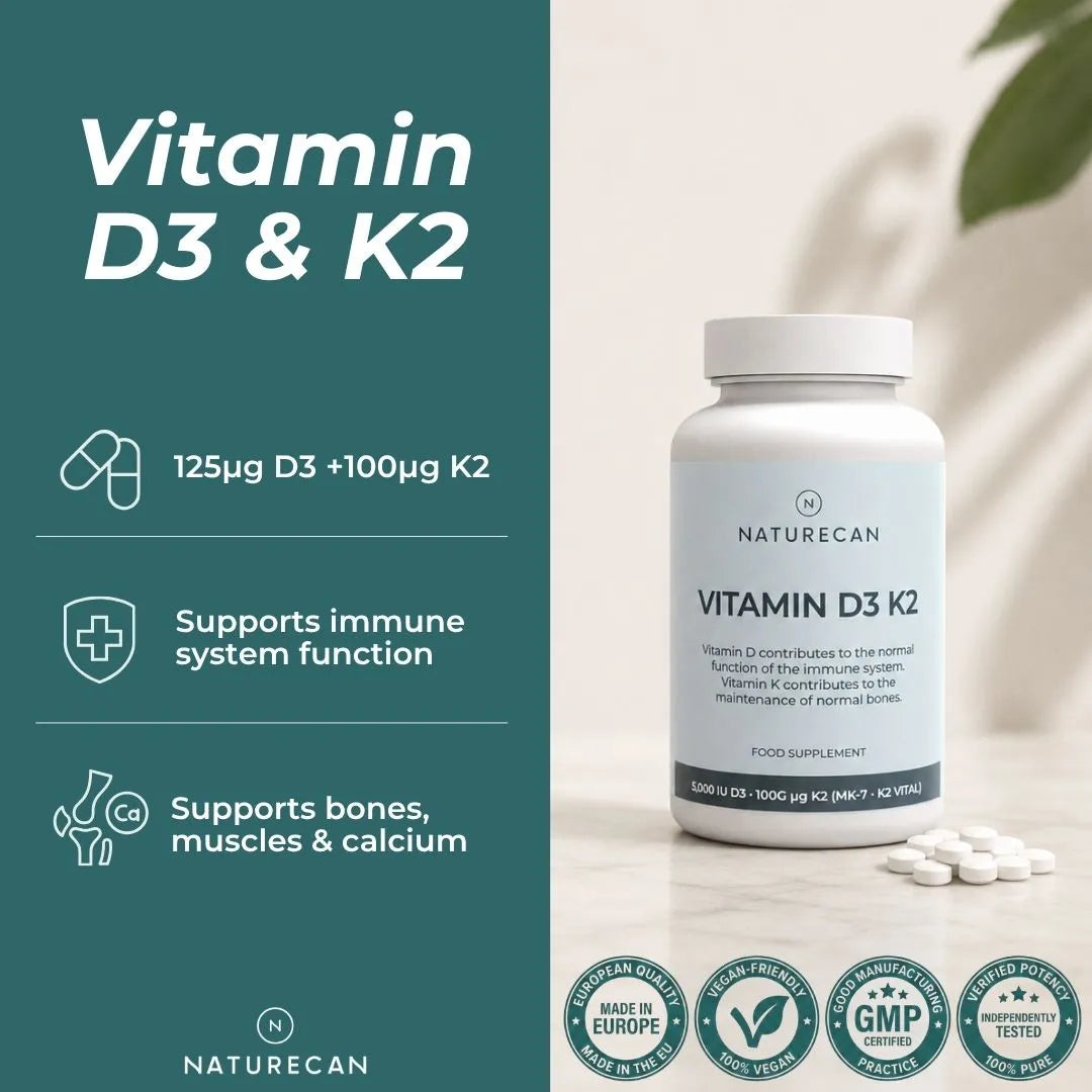 Naturecan Vitamin D3 & K2 supplement bottle shown on a light surface with loose tablets beside it, alongside a dark teal informational panel with icons and text about dosage, immune support, and bone support. Certification badges appear along the bottom.