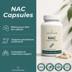 Naturecan NAC capsules supplement bottle on a light marble surface with a dark teal text panel on the left and several beige capsules scattered in front. The bottle label reads NATURECAN NAC N-ACTYL-CYSTEINE, and the left panel lists benefits such as 600mg pure NAC per capsule, support for glutathione production, antioxidant and respiratory support, and third-party testing badges along the bottom.