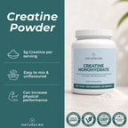 Naturecan Creatine Monohydrate supplement bottle on a light surface with a small pile of white powder, alongside marketing text and certification badges. The left side has a dark teal panel with product benefits, and the right side shows the white bottle with a pale blue label.