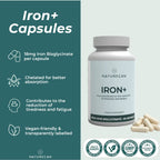 Naturecan Iron+ Capsules bottle with supplement information on a green and white background