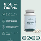 Biotin+ tablets packaging with product details on a green and white background