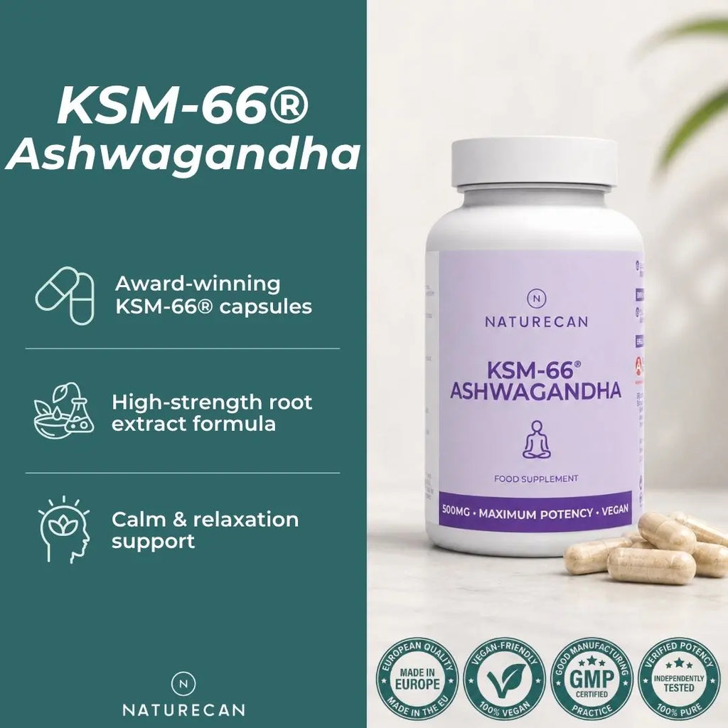 Naturecan KSM-66 Ashwagandha food supplement bottle with capsules on a marble surface, next to a dark teal text panel highlighting product benefits and featuring certification badges at the bottom.