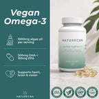 Naturecan Vegan Omega-3 dietary supplement bottle with several gold-colored softgel capsules beside it, set against a split background featuring a dark teal left panel with product benefits and a light off-white right panel with a plant leaf.