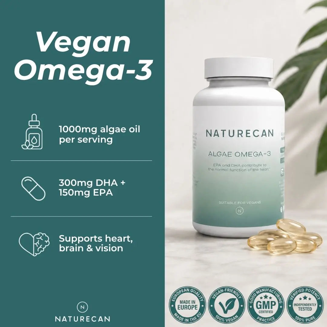 Naturecan Vegan Omega-3 dietary supplement bottle with several gold-colored softgel capsules beside it, set against a split background featuring a dark teal left panel with product benefits and a light off-white right panel with a plant leaf.