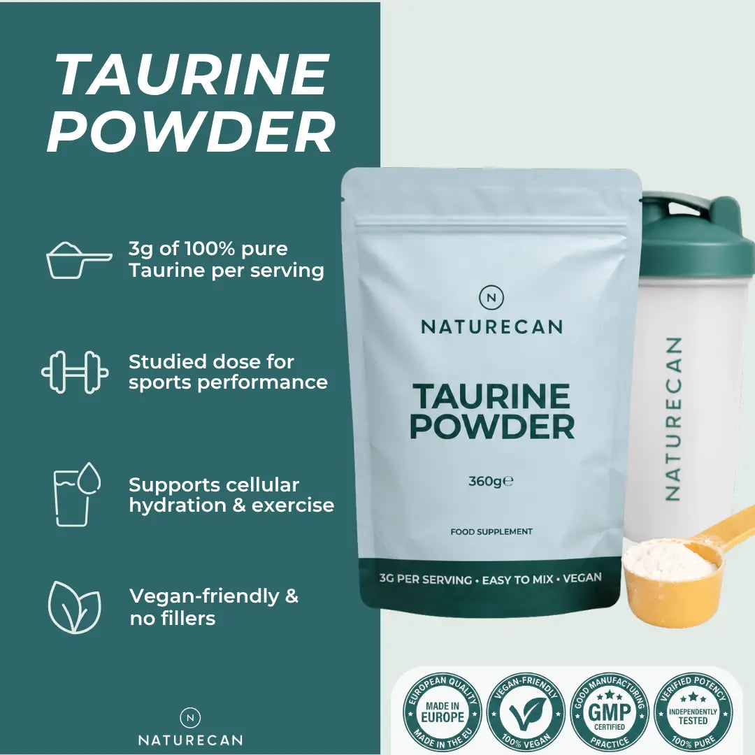 Naturecan Taurine Powder packaging with product details on a green background