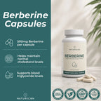 Naturecan Berberine Capsules supplement bottle and loose capsules on a light marble surface, with a dark teal text panel on the left listing benefits and several certification badges along the bottom.