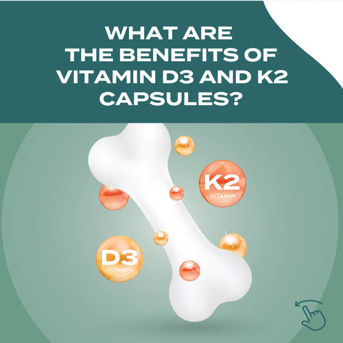 Illustration of a bone surrounded by colorful spheres labeled "D3 Vitamin" and "K2 Vitamin" on a green background.